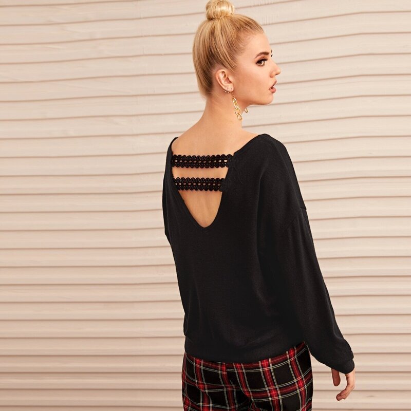 

Solid Contrast Lace Drop Shoulder Sweater, Black