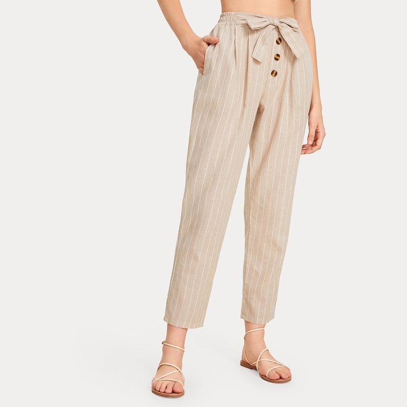 

Striped Button & Tie Front Pants, Khaki