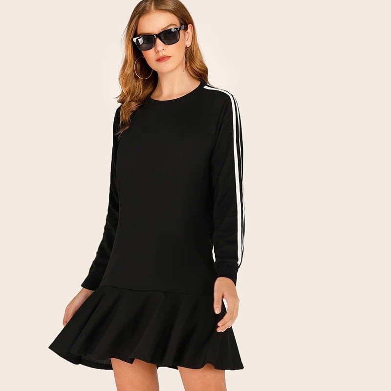 

Side Stripe Ruffle Hem Sweatshirt Dress, Black