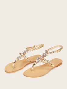 Women Jewelled Decor Toe Post Ankle Strap Sandals, Glamorous Outdoor Thong Sandals - Gold - View 3