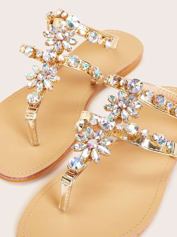 Women Jewelled Decor Toe Post Ankle Strap Sandals, Glamorous Outdoor