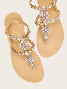 Women Jewelled Decor Toe Post Ankle Strap Sandals, Glamorous Outdoor Thong Sandals - Gold - View 5