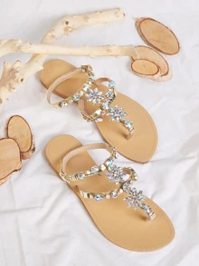 Women Jewelled Decor Toe Post Ankle Strap Sandals, Glamorous Outdoor Thong Sandals - Gold - View 1