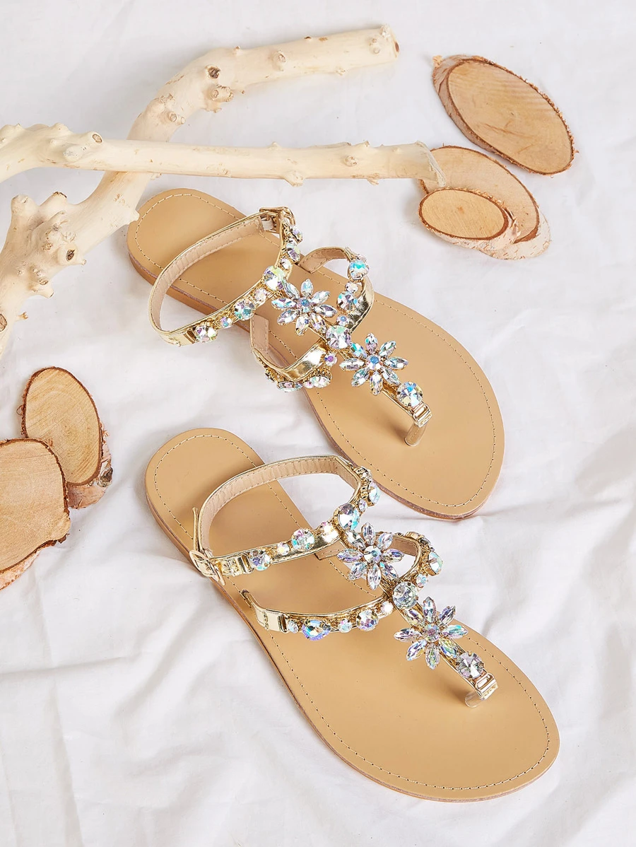 Women Jewelled Decor Toe Post Ankle Strap Sandals, Glamorous Outdoor Thong Sandals - Gold - View 1