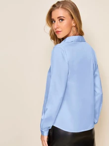 SHEIN Clasi Solid Curved Hem Satin Shirt - Baby Blue - View 2