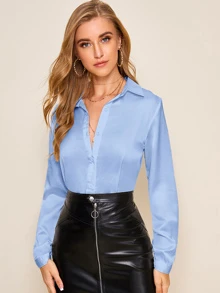 SHEIN Clasi Solid Curved Hem Satin Shirt - Baby Blue - View 1