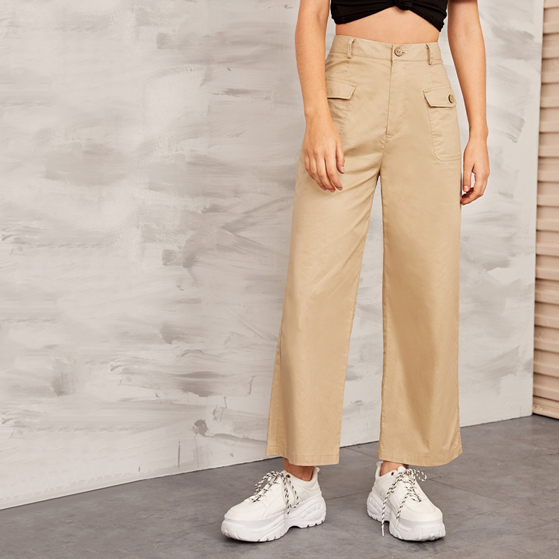 

Solid Flap Pocket Front Wide Leg Cargo Pants, Khaki