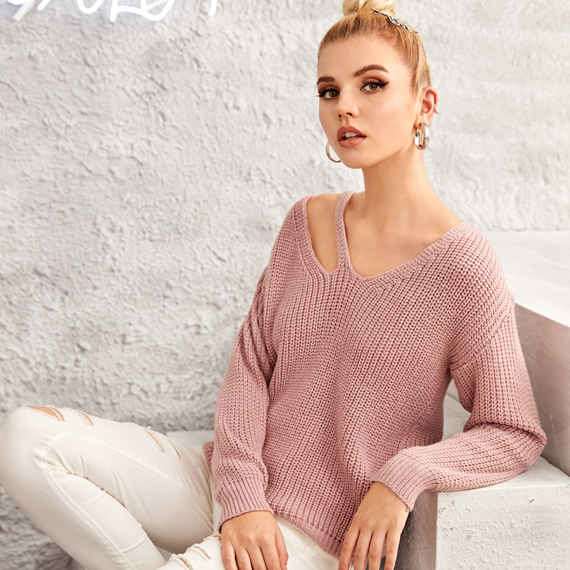 

Solid Cut Out V-neck Sweater, Pink