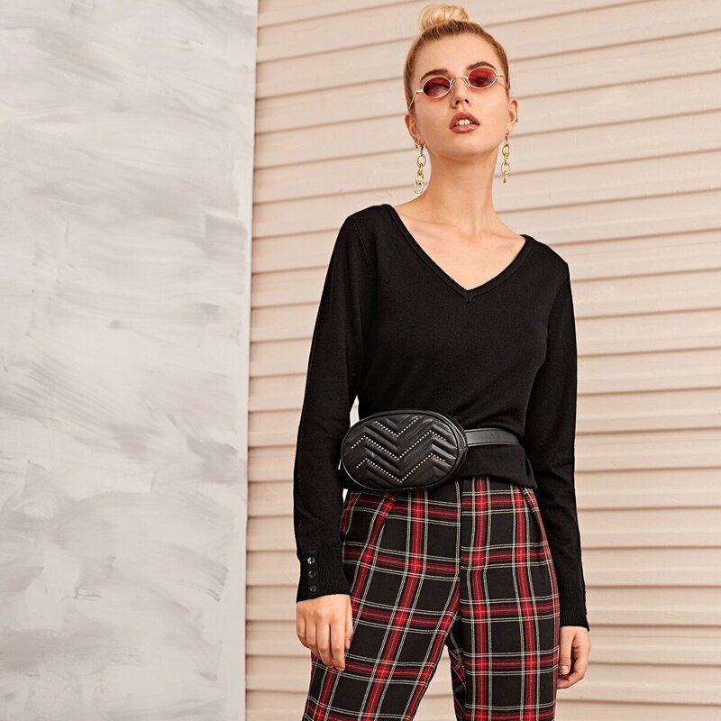 

Solid Button Cuff V-neck Jumper, Black