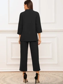 SHEIN Privé Solid Notched Neck Blazer With Paperbag Waist Belted Trousers - Black - View 2