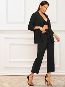 SHEIN Privé Solid Notched Neck Blazer With Paperbag Waist Belted Trousers - Black - View 4