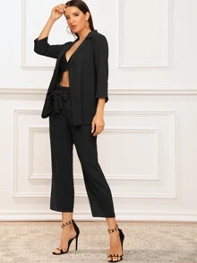 SHEIN Privé Solid Notched Neck Blazer With Paperbag Waist Belted Trousers - Black - View 3