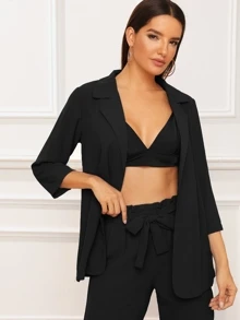 SHEIN Privé Solid Notched Neck Blazer With Paperbag Waist Belted Trousers - Black - View 5