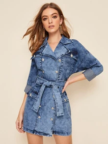 SHEIN 雙紐扣口袋繫腰帶牛仔連衣裙 - 霧霾藍 - 查看 3