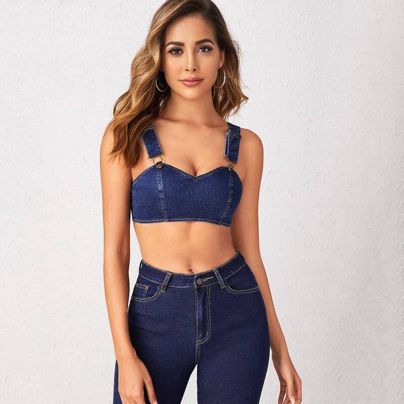 

Zip Back Crop Denim Top, Navy