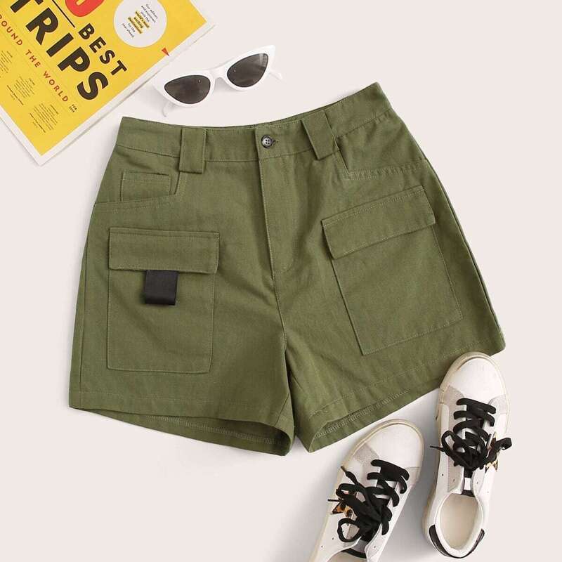 

Button Waist Dual Pocket Cargo Shorts, Army green