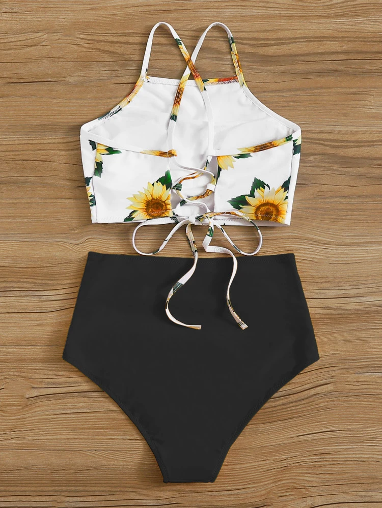 sunflower print lace up back bikini set