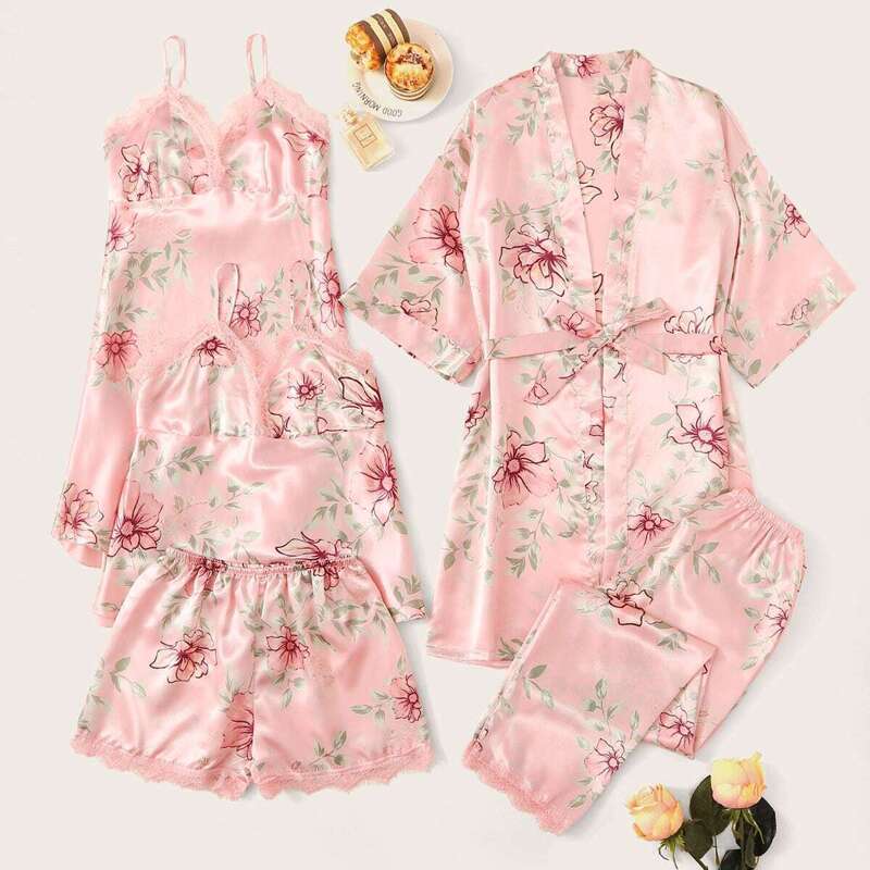 

5Pcs Floral Print Cami Dress With PJ Set & Robe, Pink