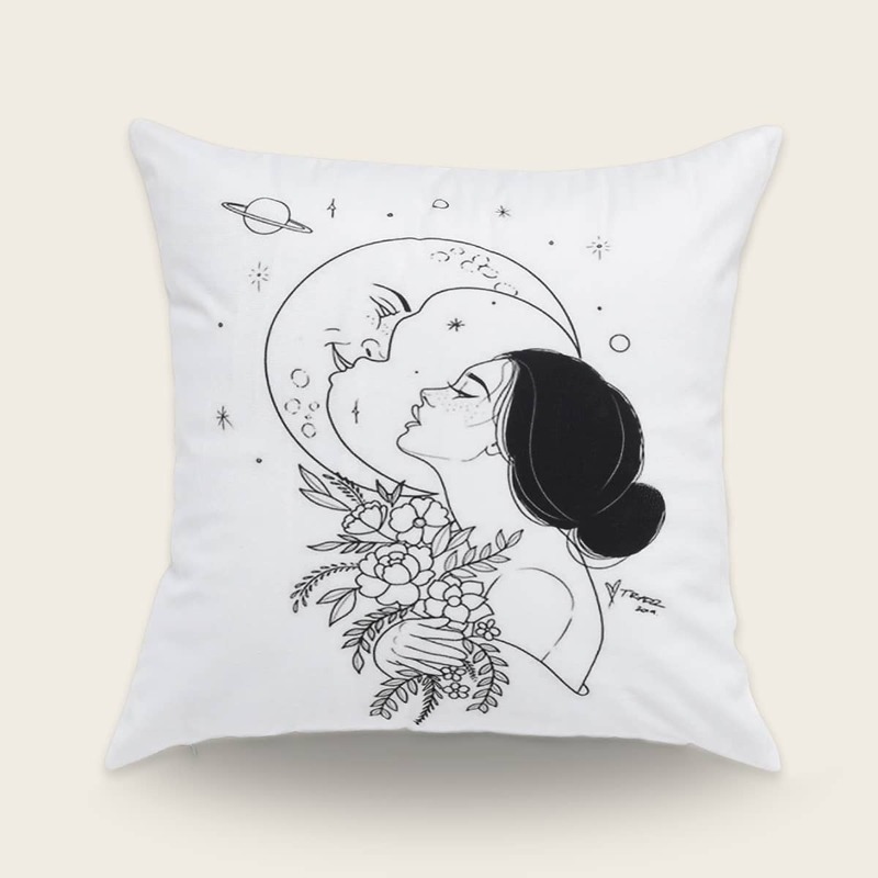 

Abstract Woman Kiss Moon Print Cushion Cover, White
