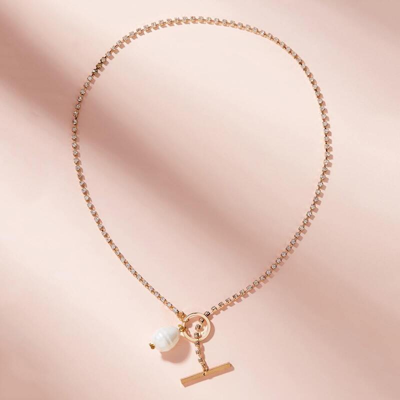 Bar & Faux Pearl Decor Chain Necklace 1pc, Gold