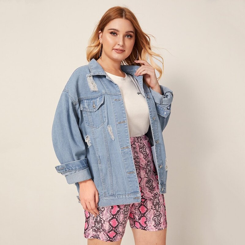 

Plus Light Wash Ripped Denim Jacket, Blue