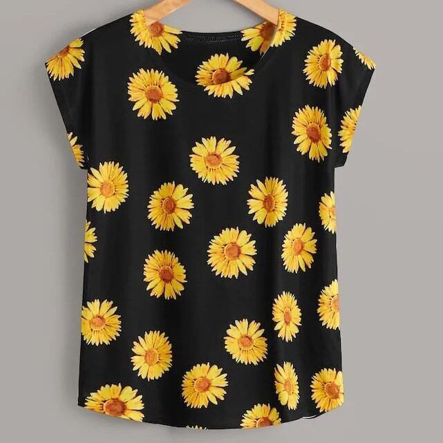 

Plus Sunflower Print Cap Sleeve Tee, Multicolor