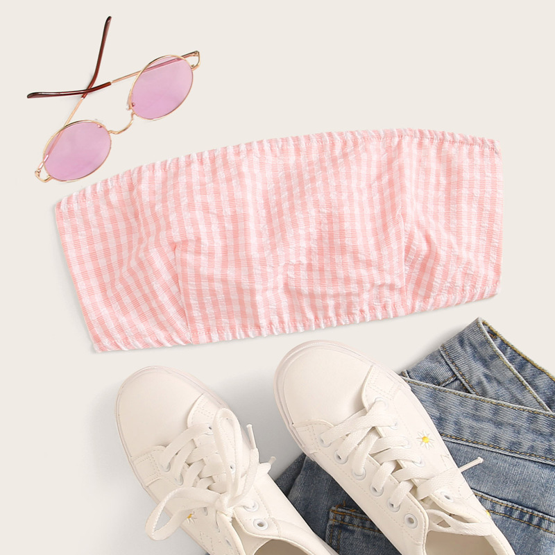 

Plaid Print Knot Back Tube Top, Pink