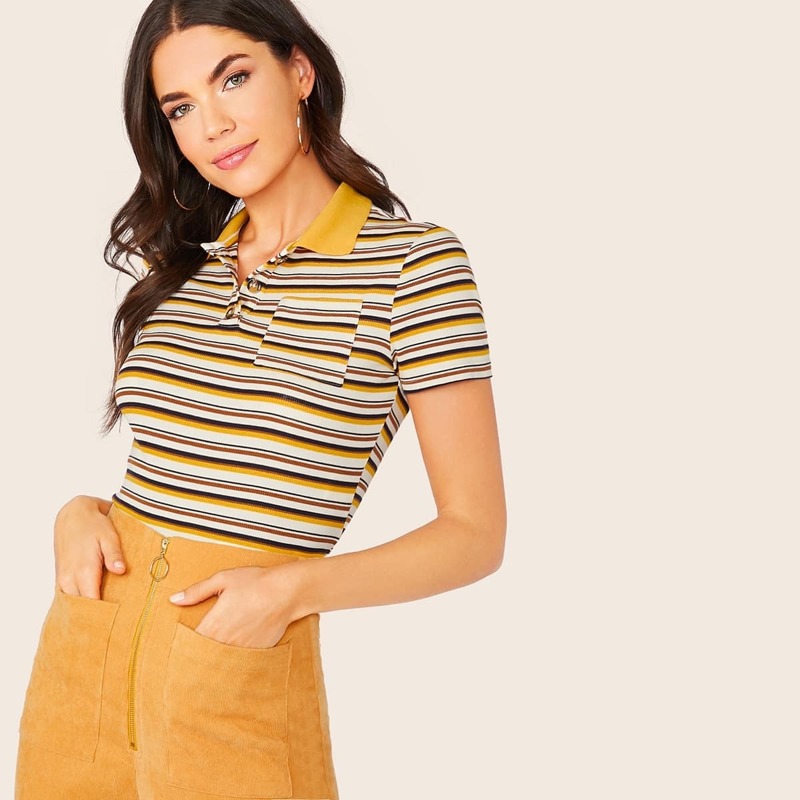 

Buttoned Half Placket Pocket Patched Striped Top, Multicolor