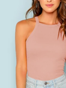 SHEIN EZwear Ribbed Form-Fitting Halter Top - Dusty Pink - View 4