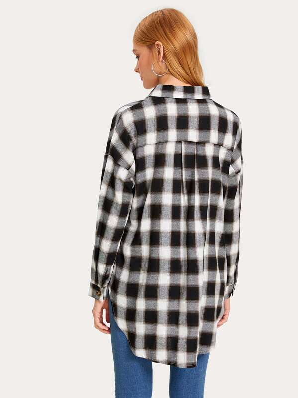 Camisa de cuadros bajo con nudo de hombros caídos | ROMWE Camisa de cuadros bajo con nudo de hombros caídos | ROMWE