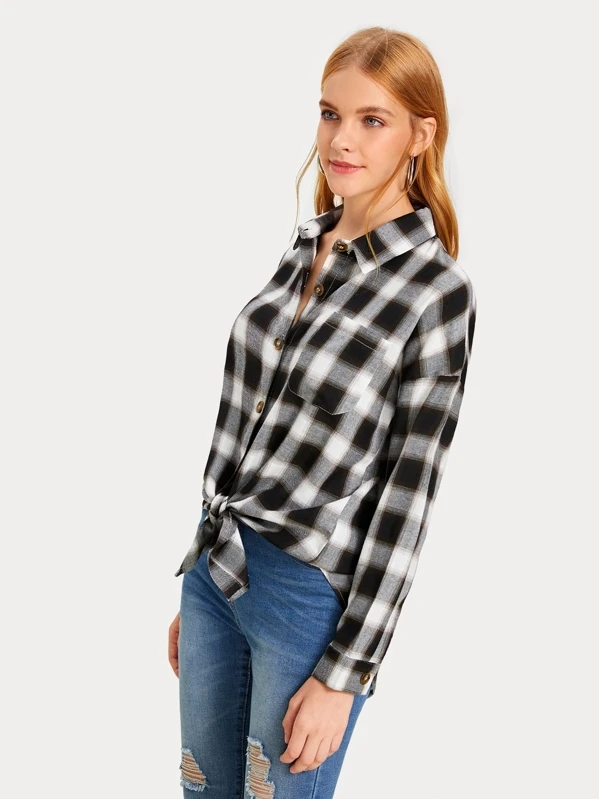 Camisa de cuadros bajo con nudo de hombros caídos | ROMWE Camisa de cuadros bajo con nudo de hombros caídos | ROMWE