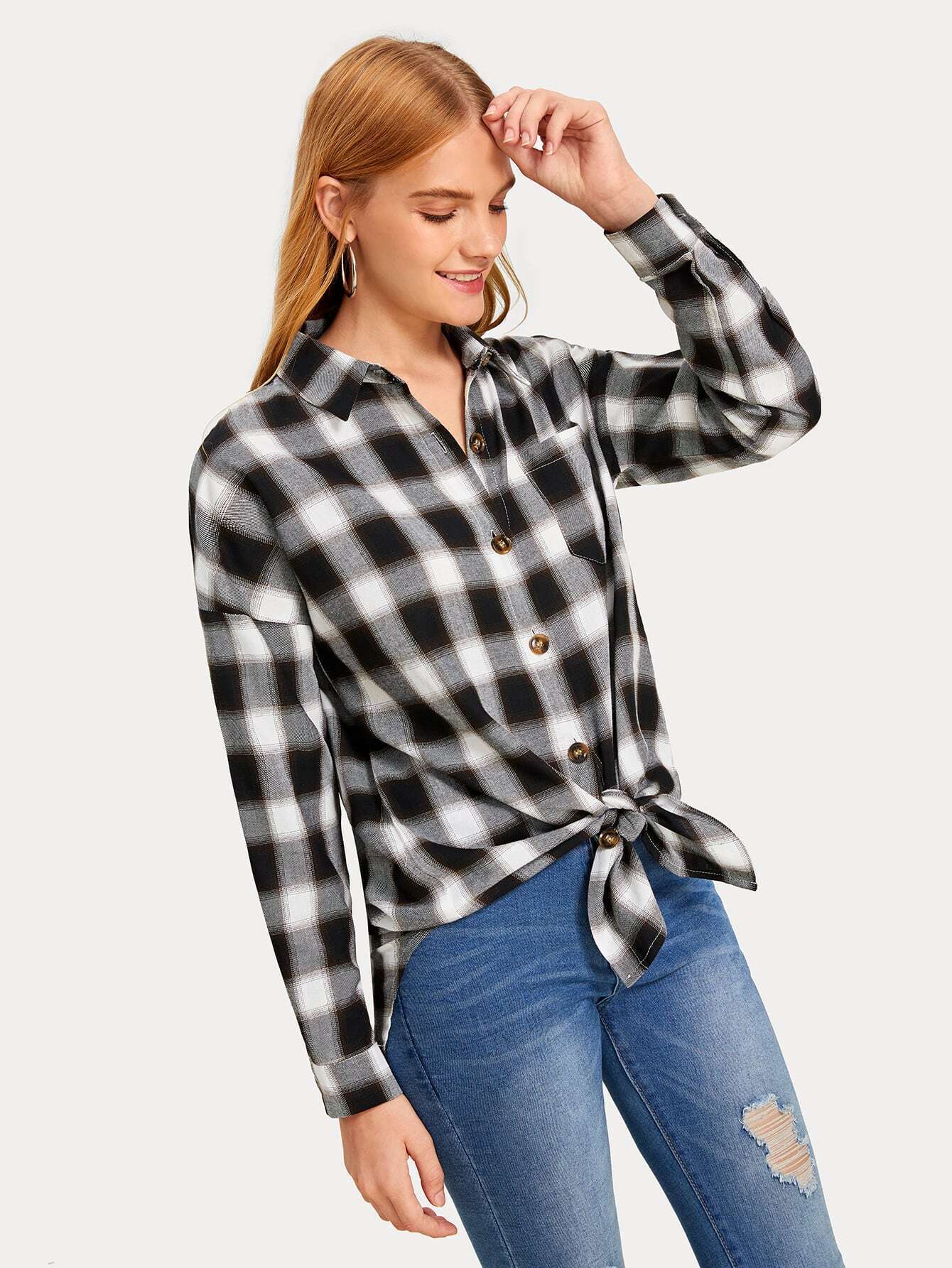 Camisa de cuadros bajo con nudo de hombros caídos | ROMWE Camisa de cuadros bajo con nudo de hombros caídos | ROMWE