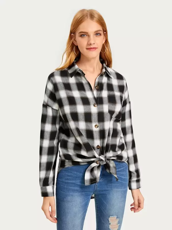 Camisa de cuadros bajo con nudo de hombros caídos | ROMWE Camisa de cuadros bajo con nudo de hombros caídos | ROMWE