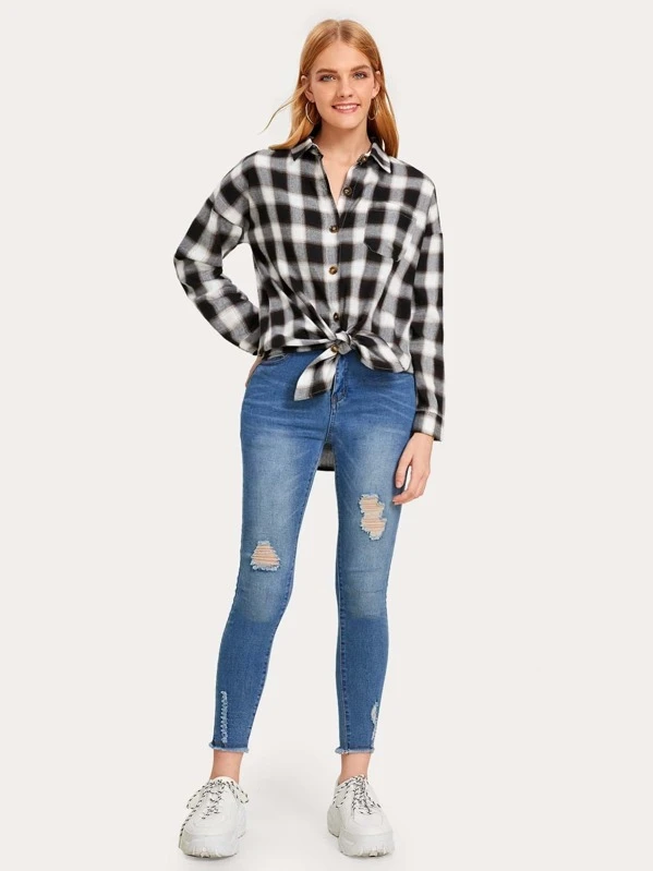 Camisa de cuadros bajo con nudo de hombros caídos | ROMWE Camisa de cuadros bajo con nudo de hombros caídos | ROMWE
