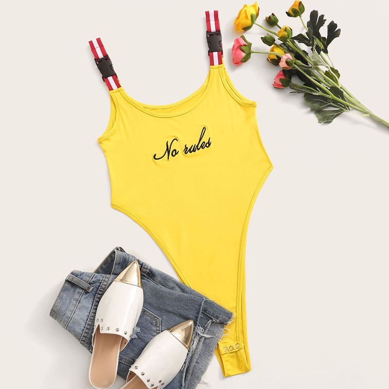 

Buckle Straps Letter Embroidery Bodysuit, Yellow