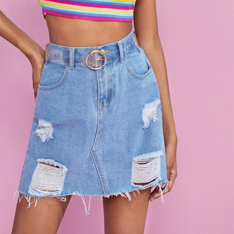 

Raw Hem Ripped Denim Skirt, Blue