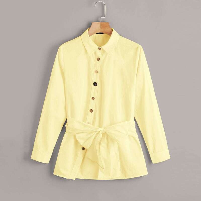 

Asymmetrical Single Breasted Tie Front Shirt, Yellow pastel