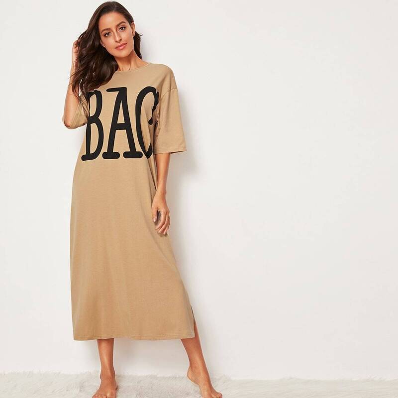 

Letter Graphic Split Side Nightdress, Camel