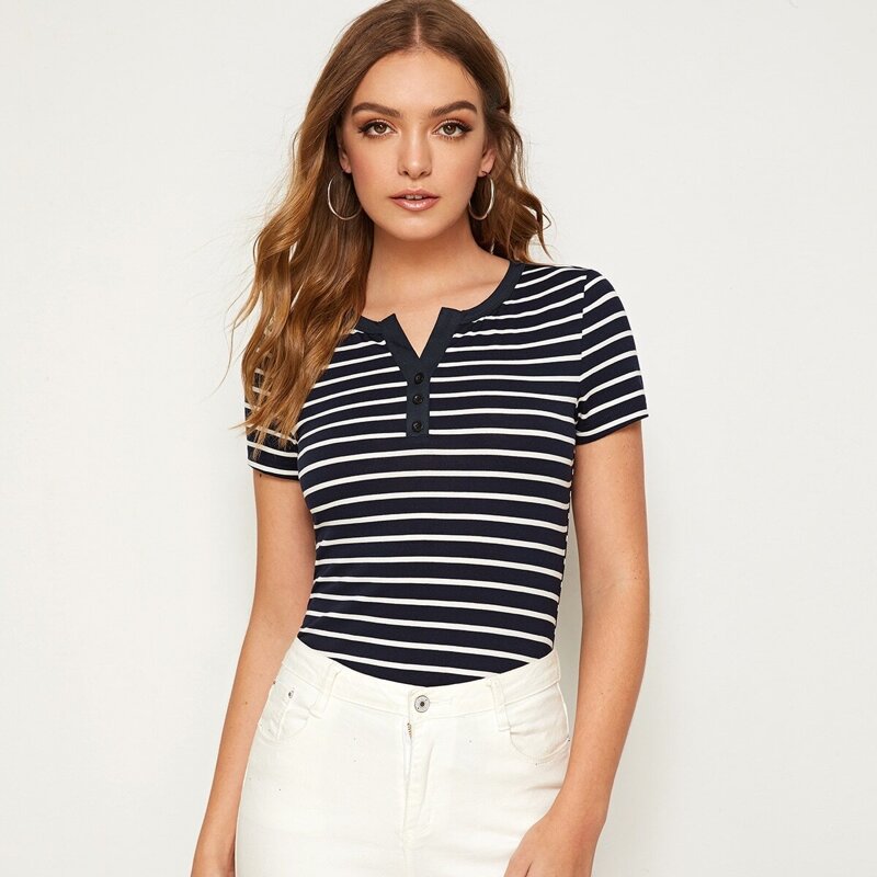 

Notch Neck Button Front Striped Top, Navy