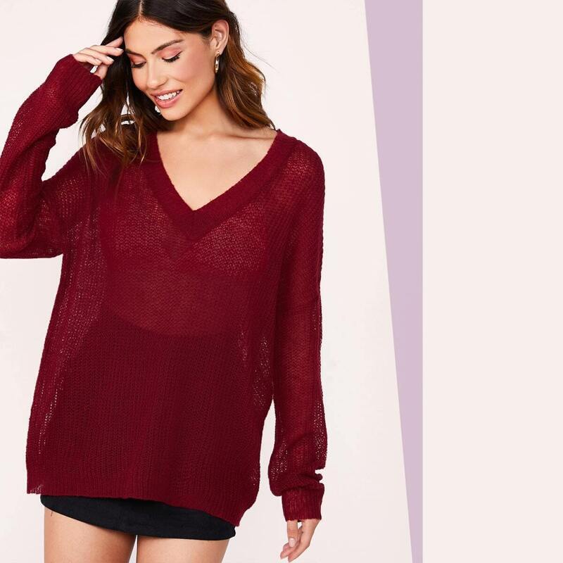 

V-neck Drop Shoulder Semi Sheer Sweater, Burgundy