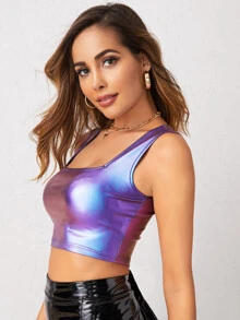 SHEIN لباس علوي بدون اكمام نمط المحاصيل نمط معدني - الأرجواني - مشاهدة 5