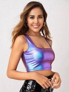SHEIN لباس علوي بدون اكمام نمط المحاصيل نمط معدني - الأرجواني - مشاهدة 2