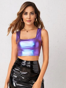SHEIN لباس علوي بدون اكمام نمط المحاصيل نمط معدني - الأرجواني - مشاهدة 1