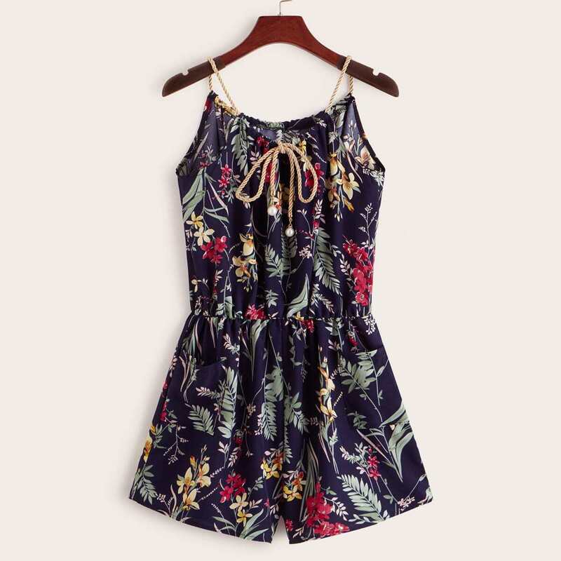 

Floral Print Tie Front Cami Romper, Multicolor