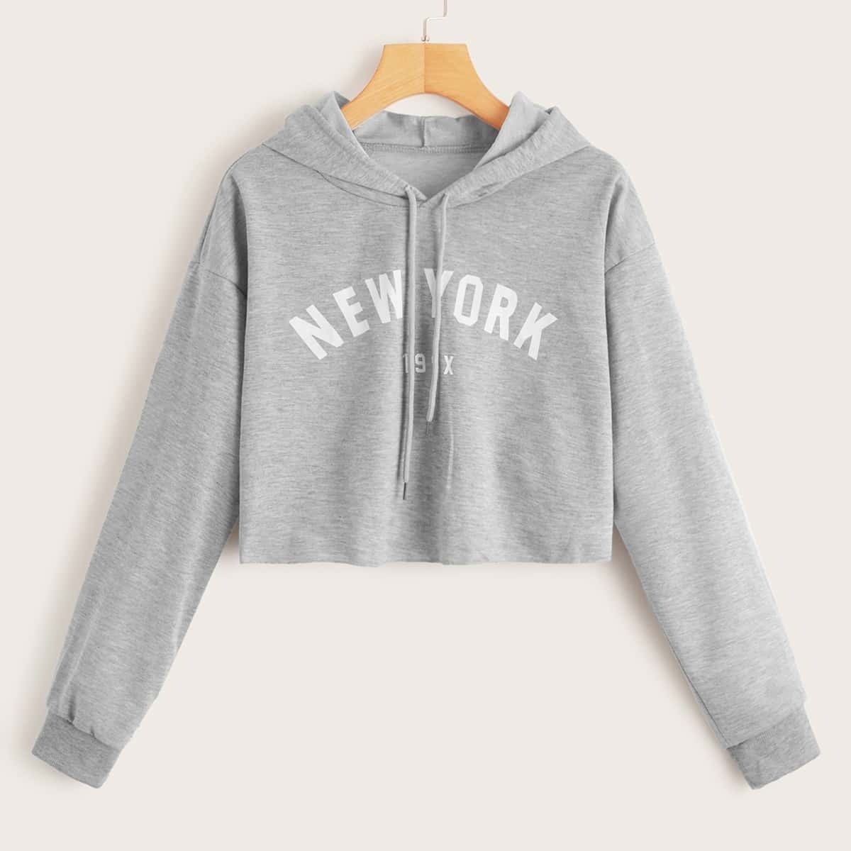 

Letter Print Hooded Crop Sweatshirt, Grey