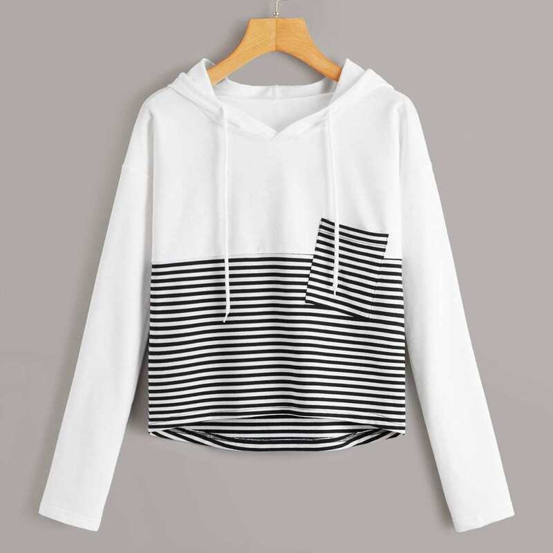 

High Low Striped Drawstring Hoodie, Black and white