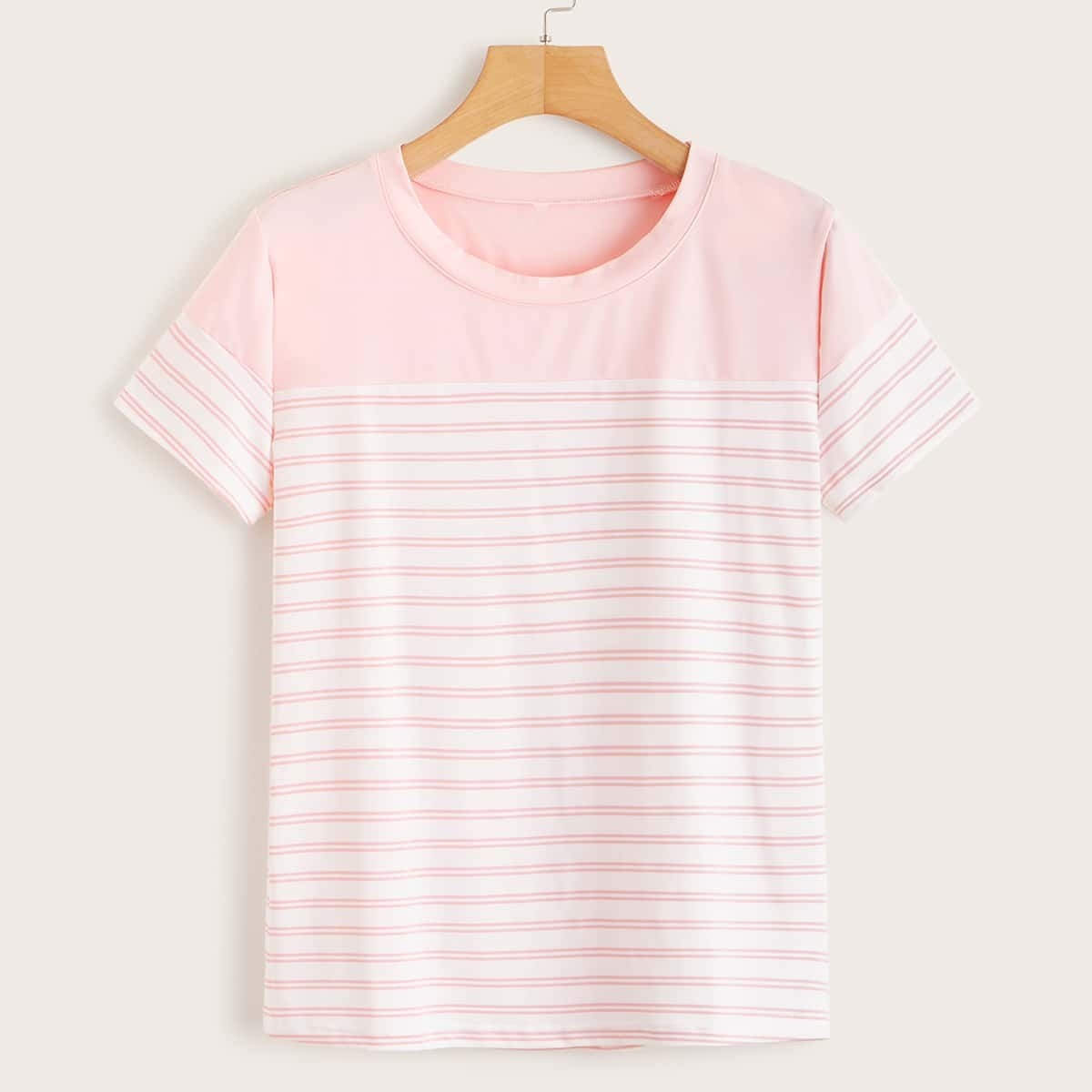 

Round Neck Striped Panel Tee, Pink