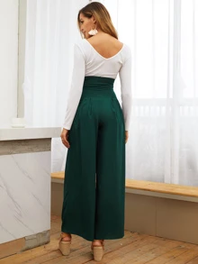 SHEIN Privé 繫腰帶高腰寬腿褲 - 墨綠色 - 查看 2