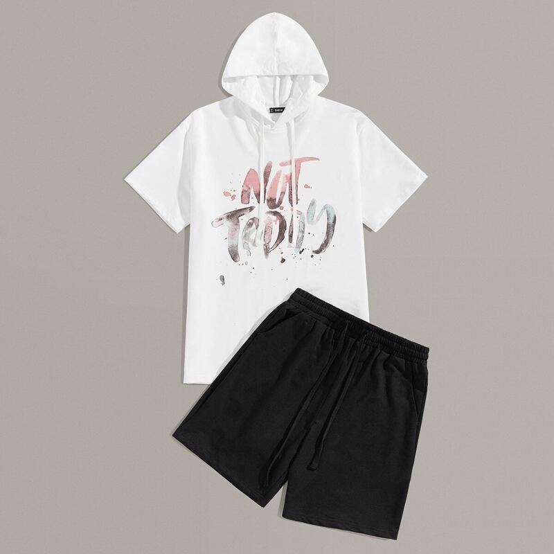 

Guys Letter Print Hoodie and Slant Pocket Shorts Set, Black and white