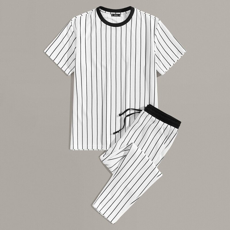 

Guys Striped Top and Drawstring Waist Pants Set, White